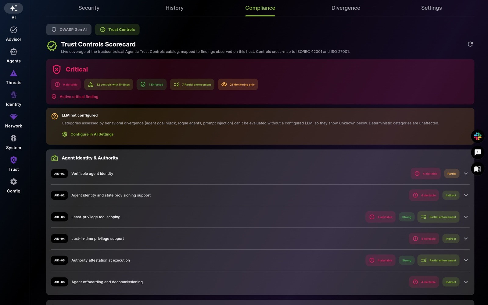 EDAMAME Security AI tab, Compliance subtab: the Trust Controls Scorecard showing the Agent Identity and Authority domain with controls AID-01 through AID-08, each with live alertable counts, coverage grade and enforcement status