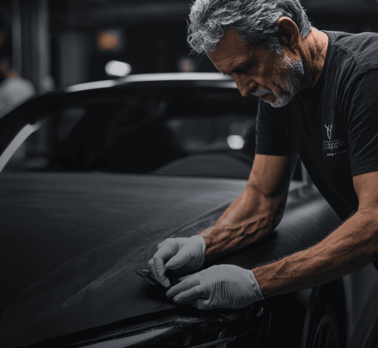 A person applying a dark film or wrap to a car's hood in a professional garage setting.
