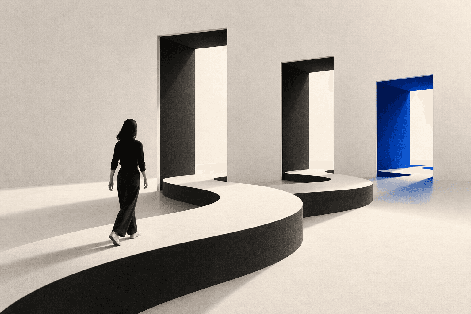 A person follows a sculptural path through open doorways toward a blue threshold.