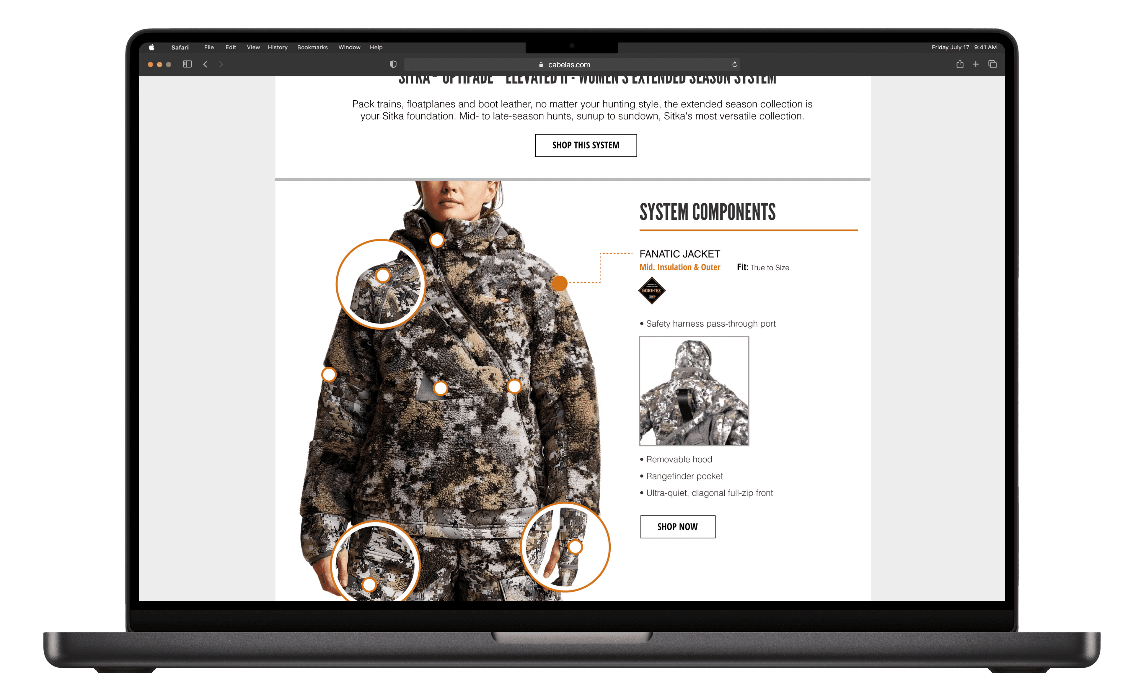 Laptop showing the Sitka Product launch page on Cabela's website