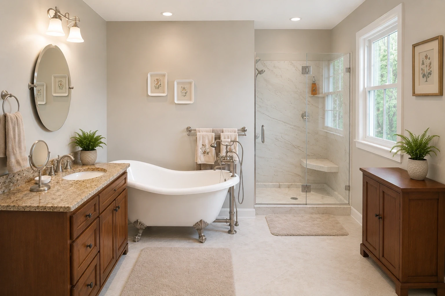 Bright remodeled bathroom featuring a freestanding clawfoot tub, glass walk-in shower, wood vanities, and marble-style finishes.