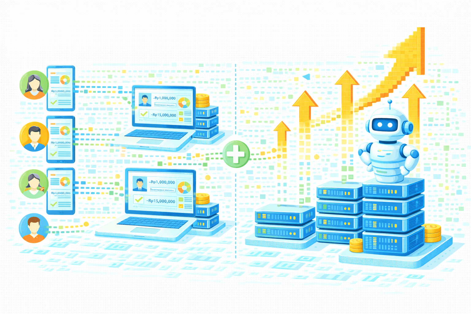Ilustrasi AI‑driven data consolidation & scalable performance growth. Di kiri, beberapa dashboard nasabah pada smartphone dan dua laptop menampilkan nilai −Rp1.000.000 dan −Rp15.000.000 yang telah terverifikasi (checklist hijau), masing‑masing terhubung ke server dan tumpukan koin sebagai nilai bisnis. Di tengah, ikon tambah (+) menandakan penggabungan data dari berbagai sumber.  Di kanan, robot AI berdiri di atas stack server yang lebih besar dengan panah naik bertingkat berwarna kuning, melambangkan skalabilitas, optimasi kinerja, dan pertumbuhan. Latar data grid menunjukkan pemrosesan terpusat dan orkestrasi otomatis yang aman, efisien, dan siap skala.