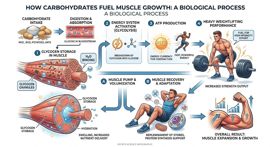A detailed sports science infographic diagram illustrating how carbohydrates fuel muscle growth, tracking the process from carbohydrate intake through glycogen storage and ATP production to muscle expansion.