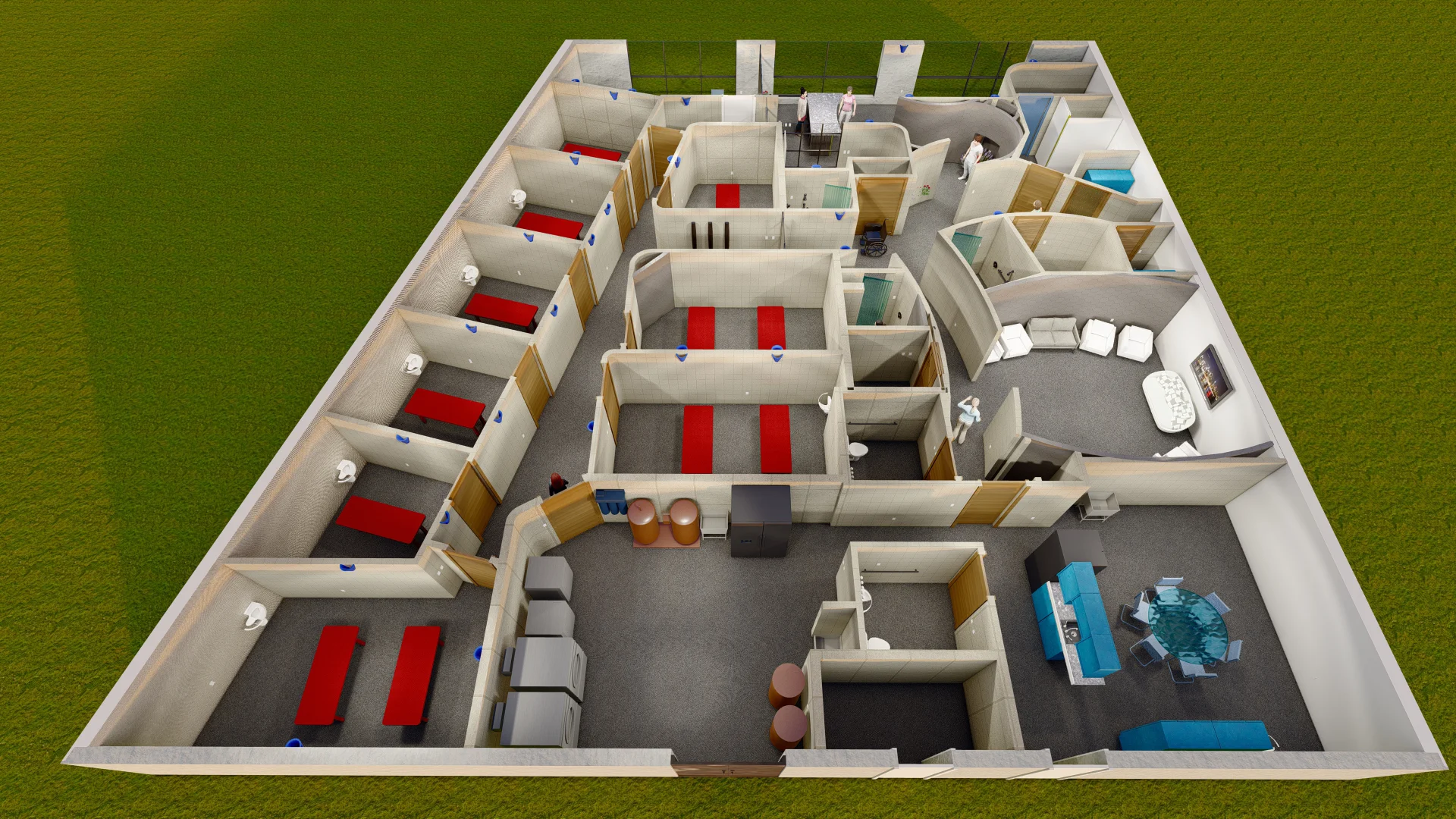Overhead view of a modern architectural floor plan for large 11 room Health Spa.