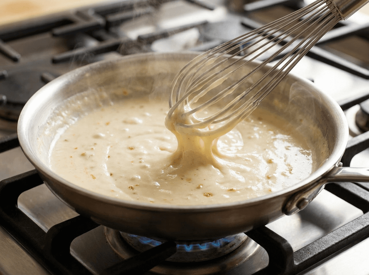 Whisking creamy Alfredo sauce in a stainless steel skillet on stovetop