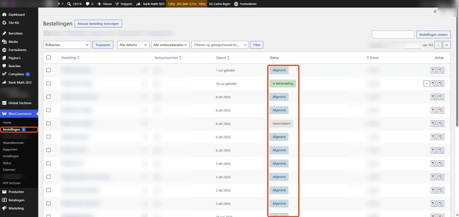 WooCommerce: het overzicht Bestellingen met de status per bestelling