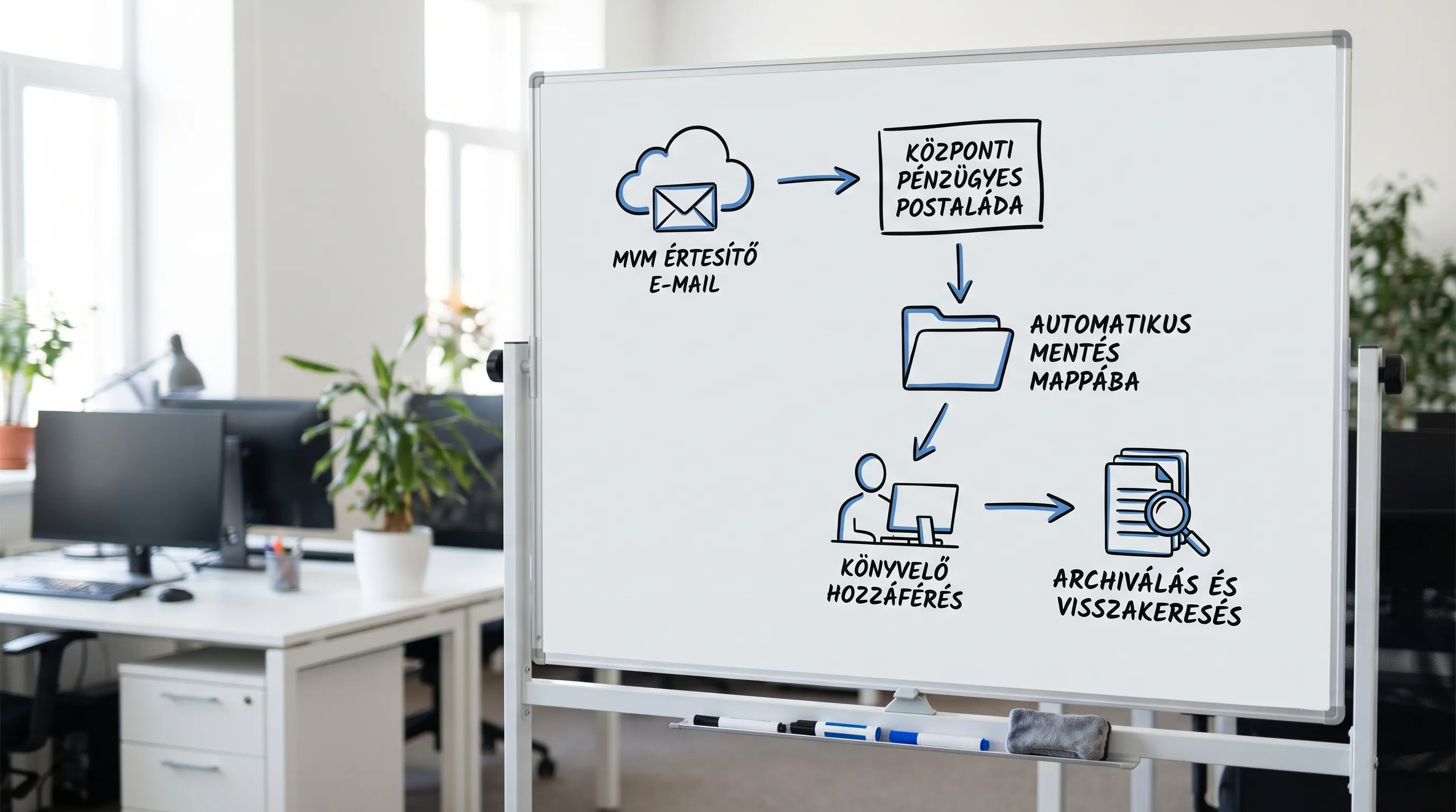 Egyszerű folyamatábra az MVM e-számla útjáról: MVM értesítő e-mail, központi pénzügyes postaláda, automatikus mentés mappába, könyvelő hozzáférés, archiválás és visszakeresés.
