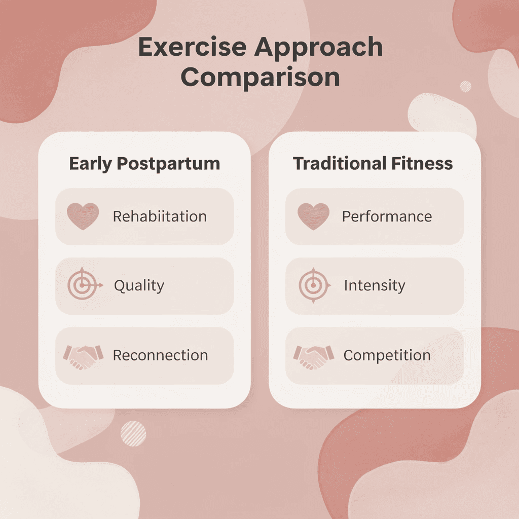 Comparison chart showing differences between early postpartum and traditional fitness approaches
