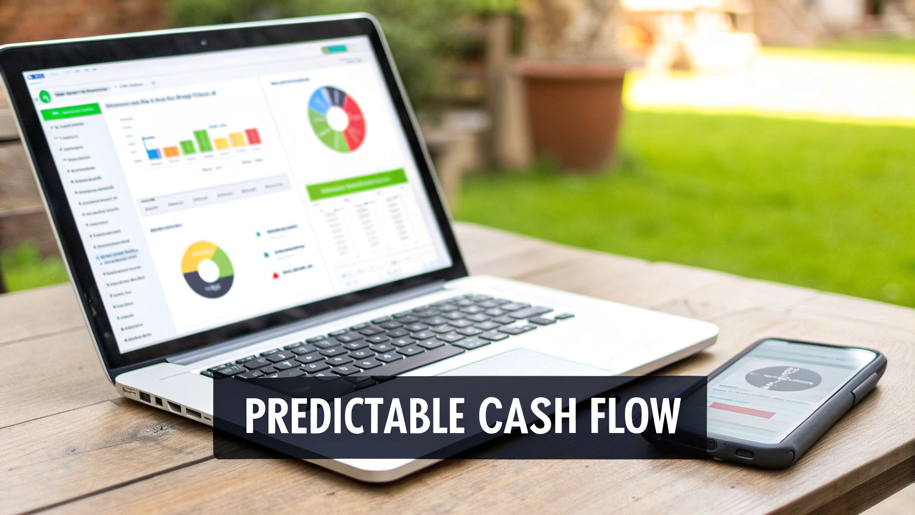 A laptop and smartphone display financial data on a wooden table, with 'PREDICTABLE CASH FLOW' text.