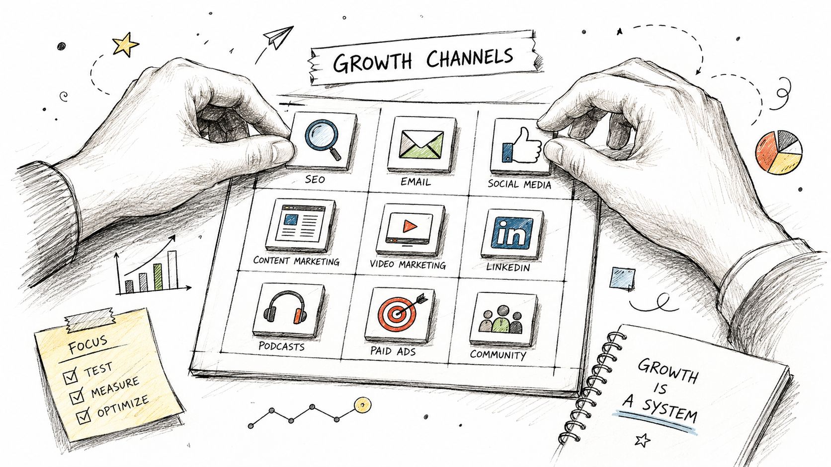 A hand-drawn illustration showing hands arranging various marketing growth channels on a square grid surface.