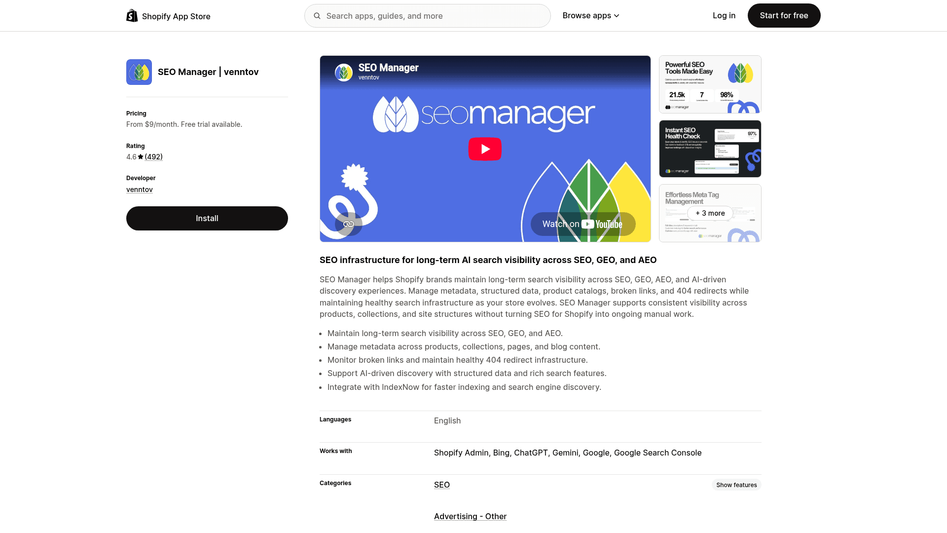 Shopify App Store listing for SEO Manager by venntov showing 4.6 rating from 492 reviews