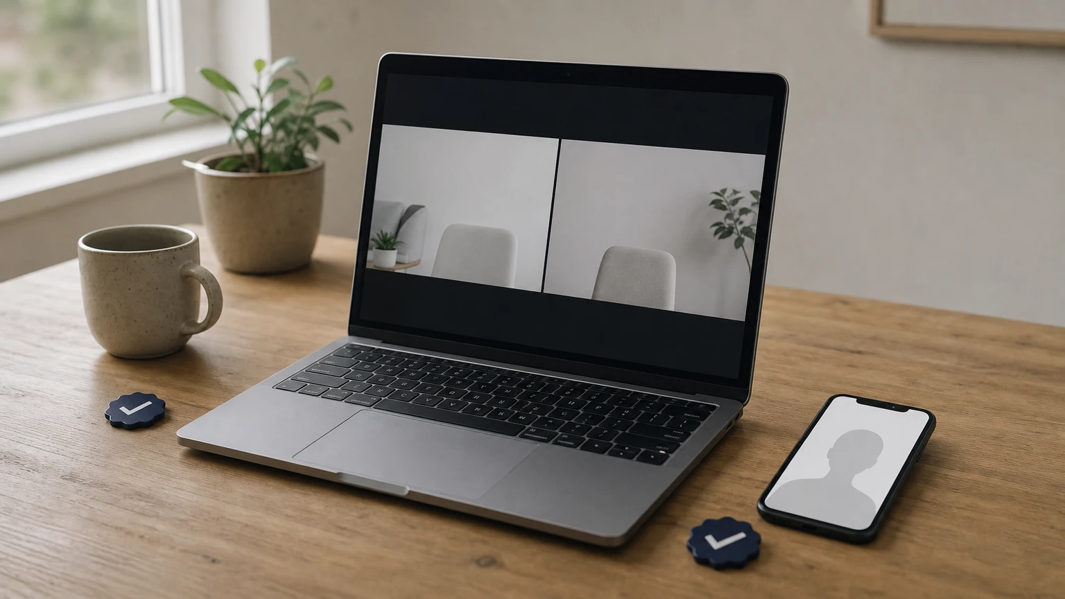 A laptop showing a video interview sits beside a phone with a dating profile and a small verification badge icon.