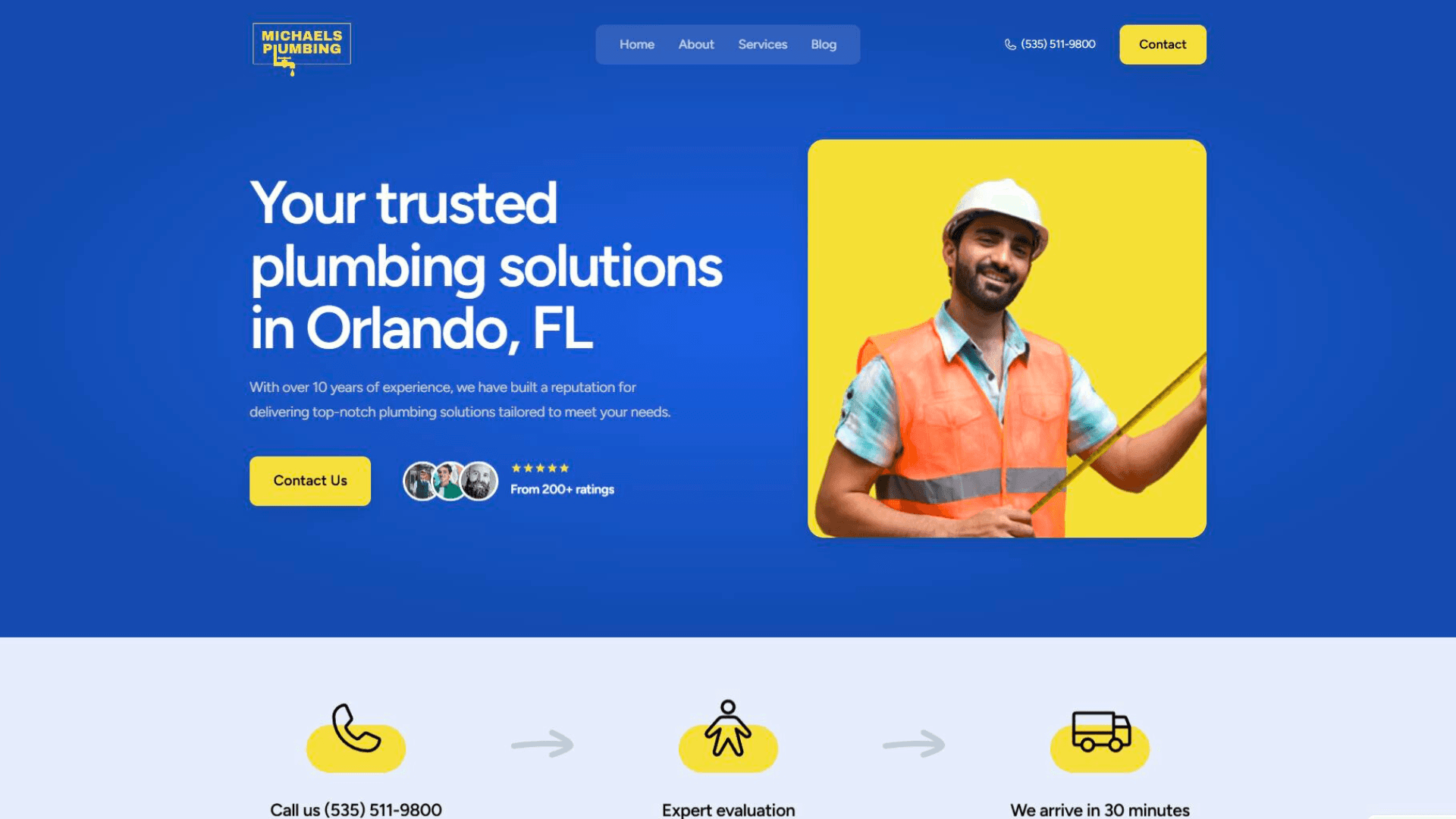 Desktop homepage mockup of Michael’s Plumbing website showing services, contact info, and professional plumbing layout