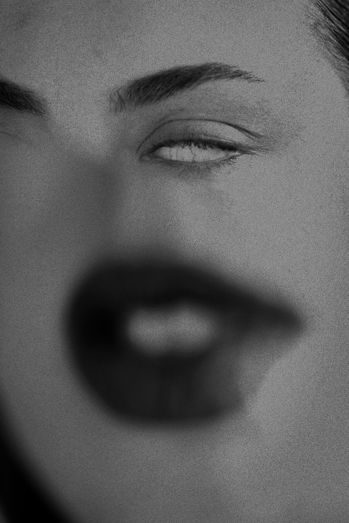 Expressive abstracted black and white photographic portrait of a woman with dark lips. The optics are distorted to contort the face. 
