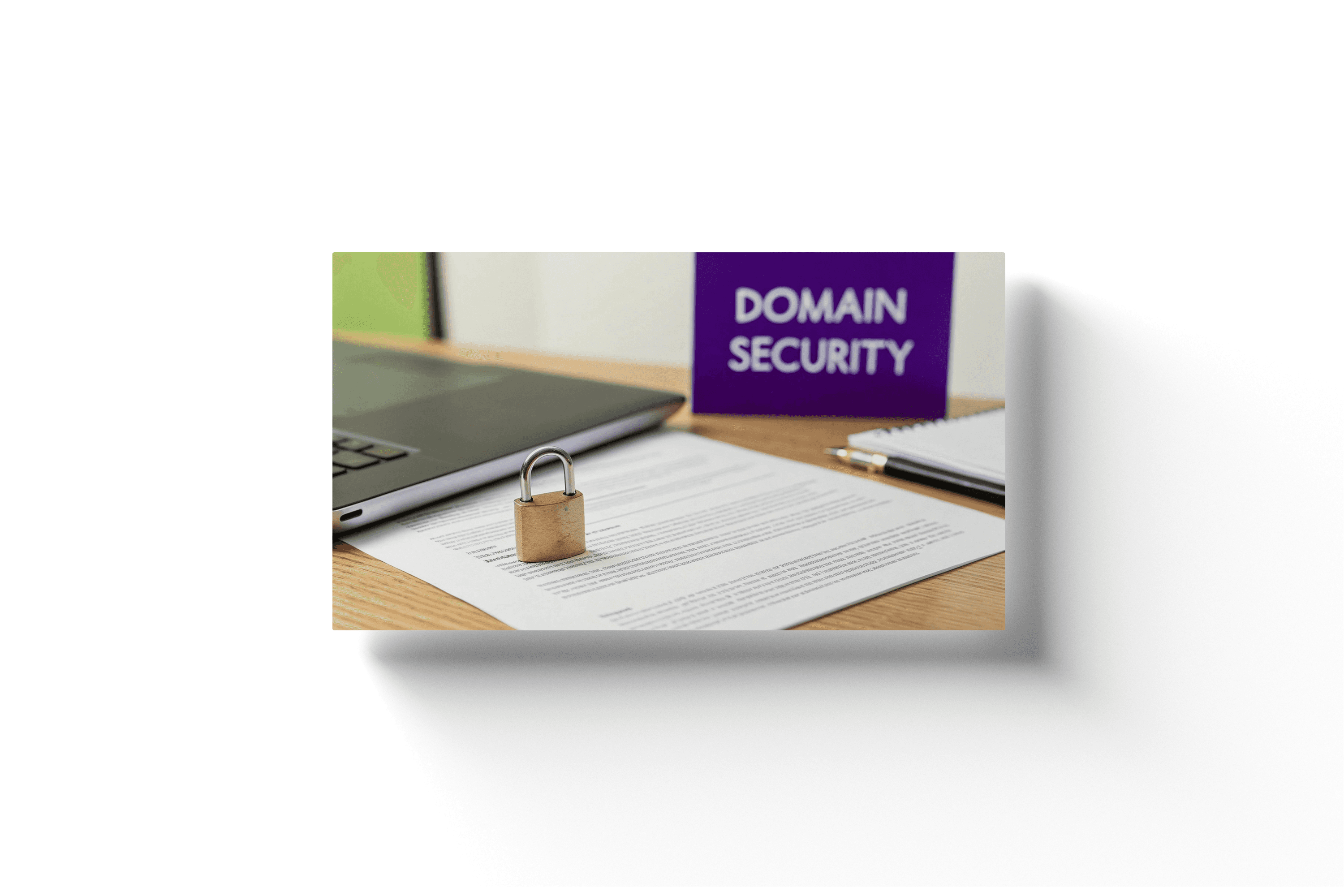 a lock on a piece of paper with a purple card in the background showing the text 'domain security'