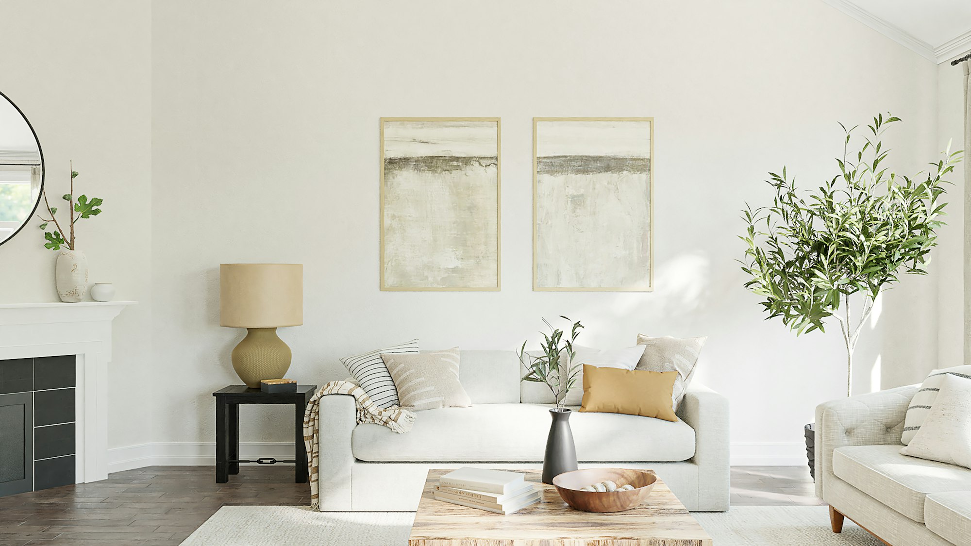 A living room filled with furniture and a fireplace, daylight across a wide plank oak floor
