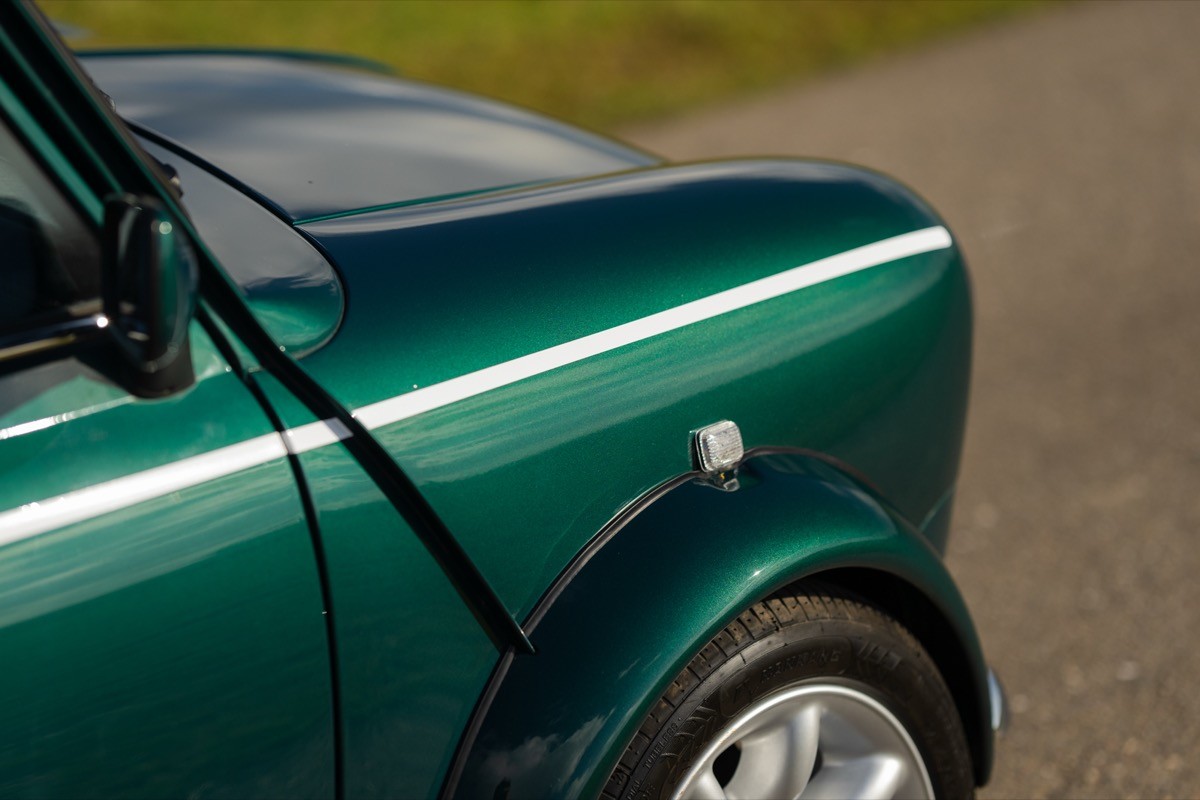 Close-up of a green car's rear quarter panel, showcasing its smooth curves and shiny surface.
