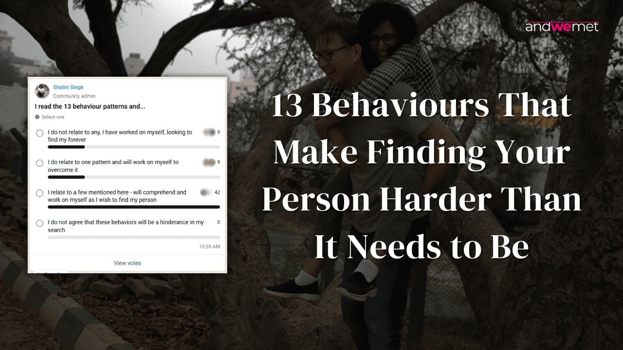 A happy couple in a park with a poll about relationship behaviour patterns, representing the 13 common dating habits that make finding your person feel difficult.