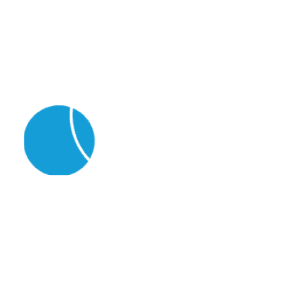 Blue circle with white line over white text