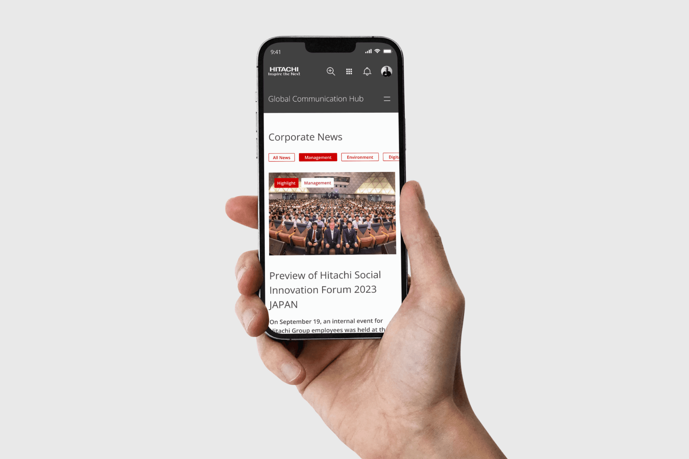 Hitachi communication hub mobile interface showing employee news feed with article cards and navigation