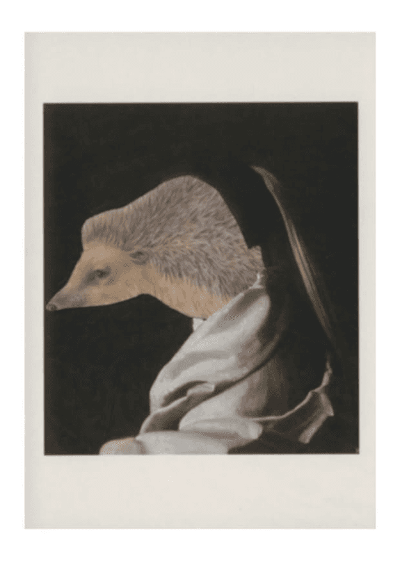 Collage of a draped fabric figure in muted beige and grey tones