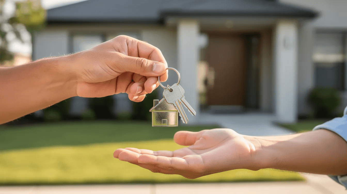 The image shows a pair of hands exchanging a set of keys in front of a residential rental property, symbolizing the transfer of rental property ownership. This moment highlights the importance of rental property tax deductions and the various expenses associated with managing rental income.