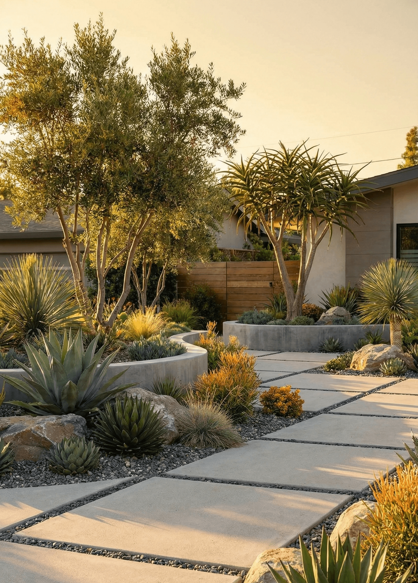 Sustainable landscape design in Los Angeles by Renova Built, featuring water-efficient artificial turf and decorative gravel. This project showcases custom pavers and modern planter walls, creating an energy-conscious, drought-tolerant outdoor living space.