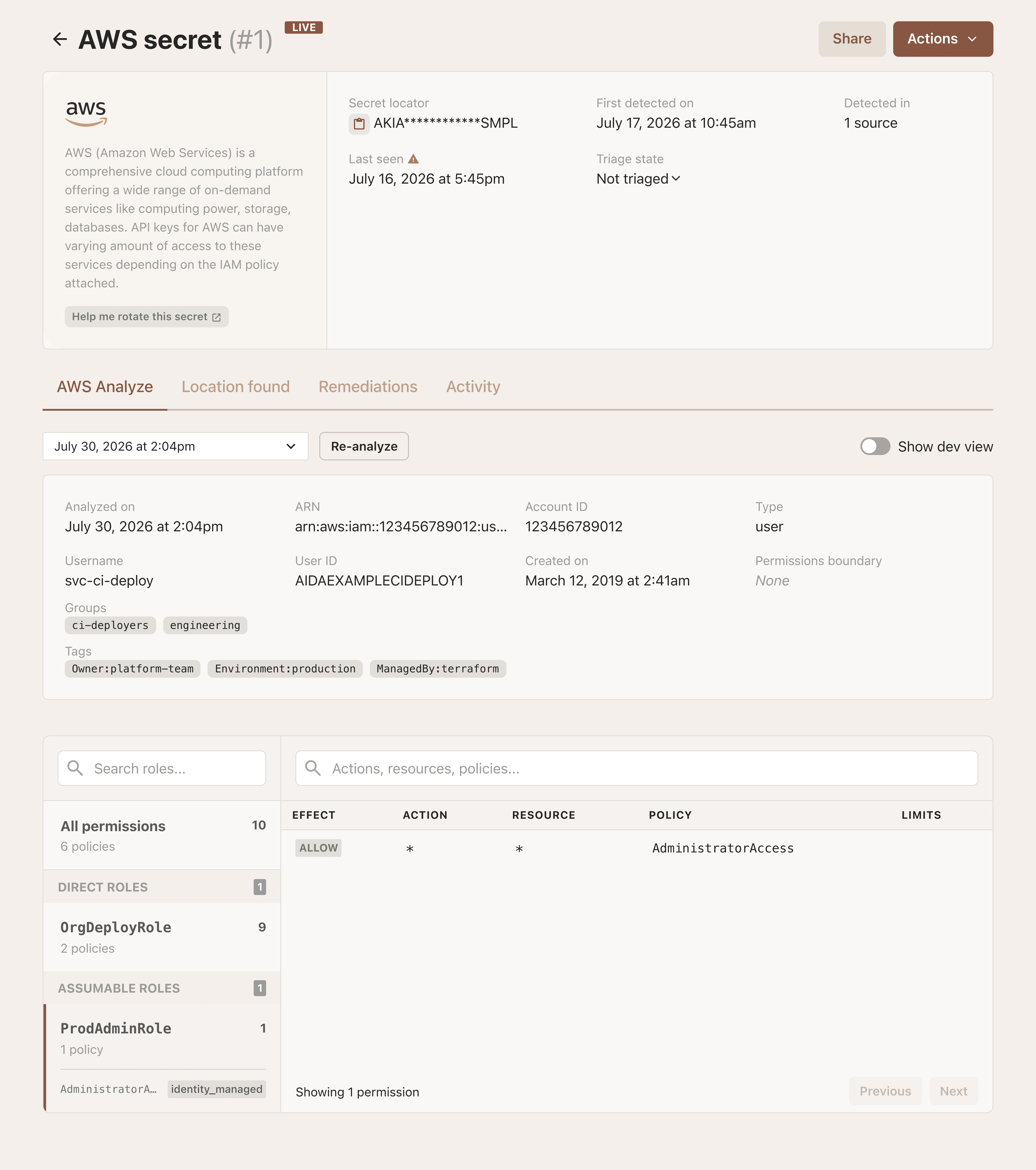 TruffleHog AWS Analyze with an assumable admin role selected, showing Allow on action star and resource star via AdministratorAccess.