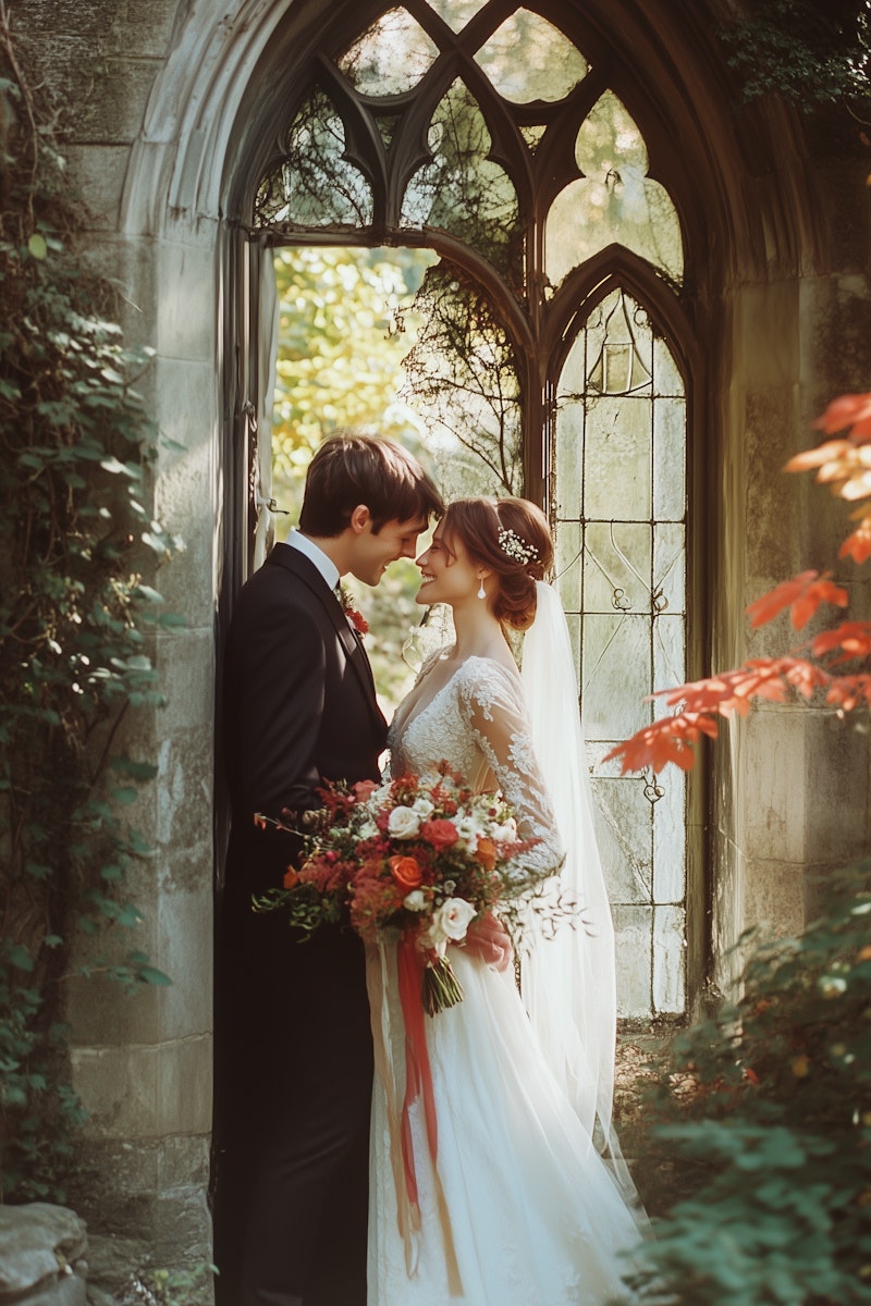 Romantic wedding scene with a bride and groom in an arched stone doorway, surrounded by lush greenery and stained glass.