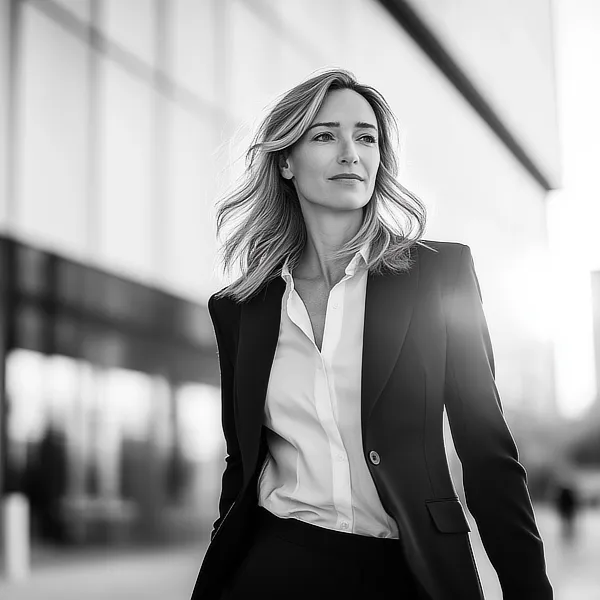 Foto einer erfolgreichen Geschäftsfrau im schwarzen Anzug