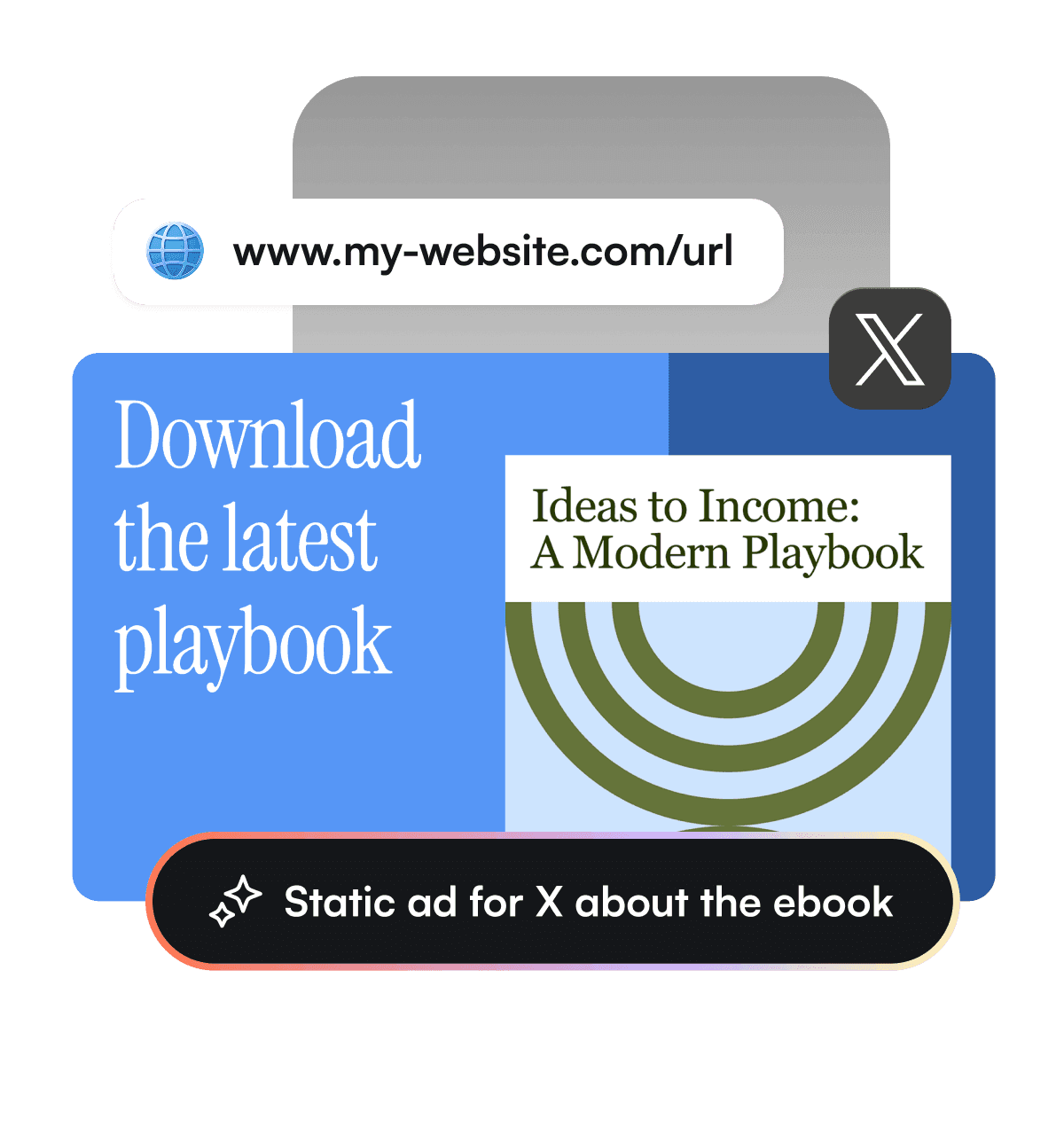 AI tool interface illustrating the generation of a perfectly formatted X (Twitter) ad from a product URL for an ebook promotion.