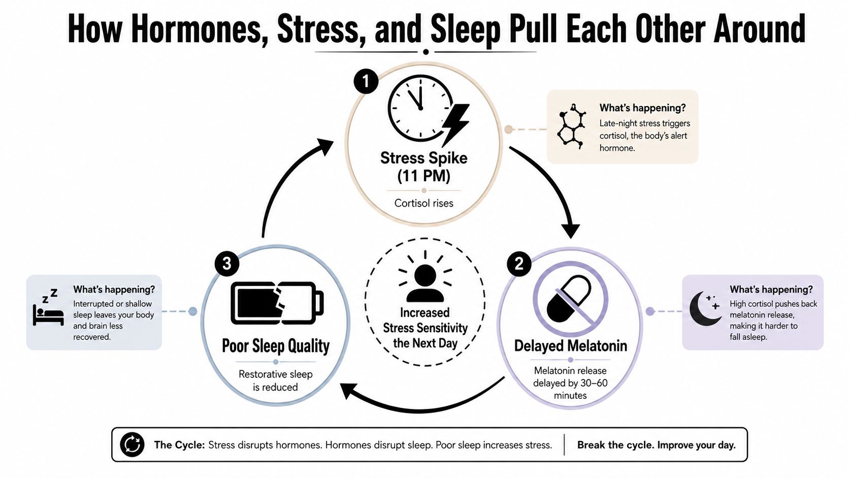 A diagram illustrating the cyclic relationship between nighttime stress, delayed melatonin production, and poor quality sleep.