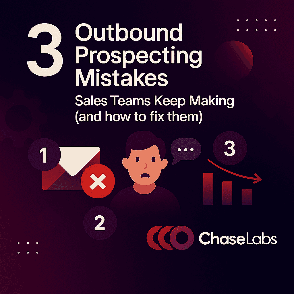 Graphic titled '3 Outbound Prospecting Mistakes Sales Teams Keep Making', showing an email error icon, a confused person, a declining bar chart and the Chase Labs logo on a dark gradient background.