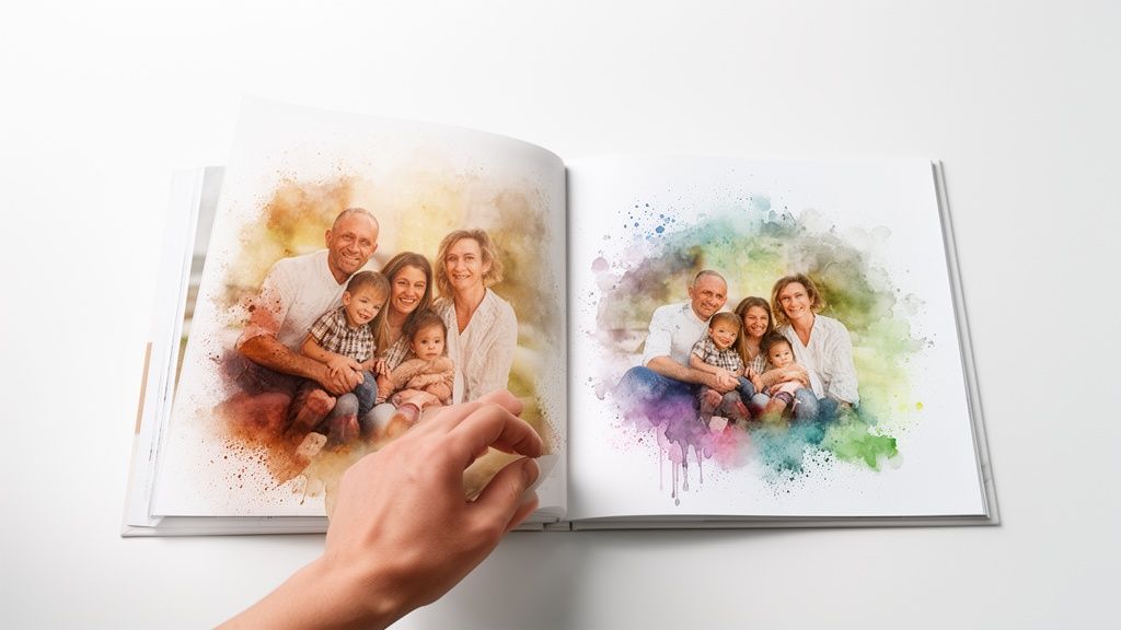 A hand turns a page of an open photo album showcasing two watercolor family portraits.