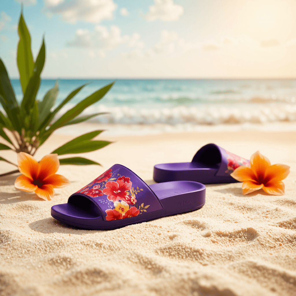 product photography of a pair of colorful slide sandals with floral patterns