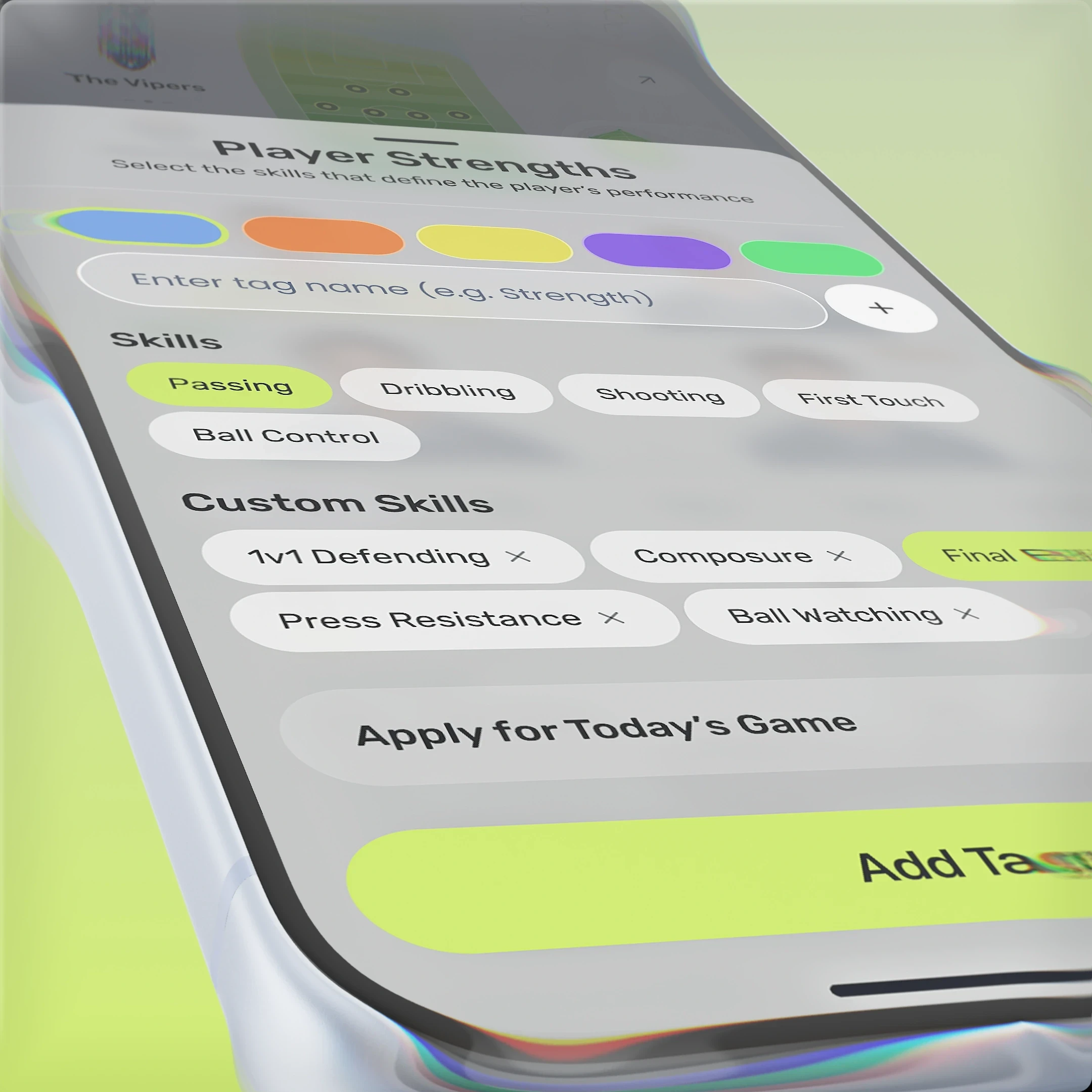 Close-up mobile UI for a tagging system, showing custom skill chips, category color pickers, and a prominent "Add Tags" action button.