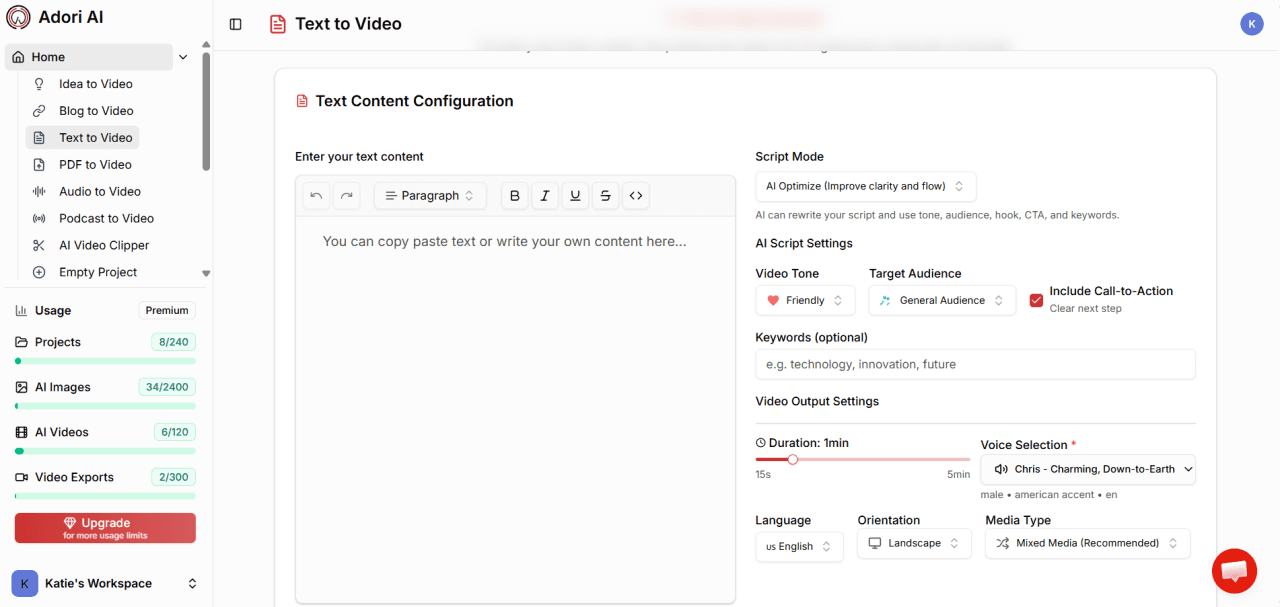 Typing or pasting medication instructions into the Text to Video tool