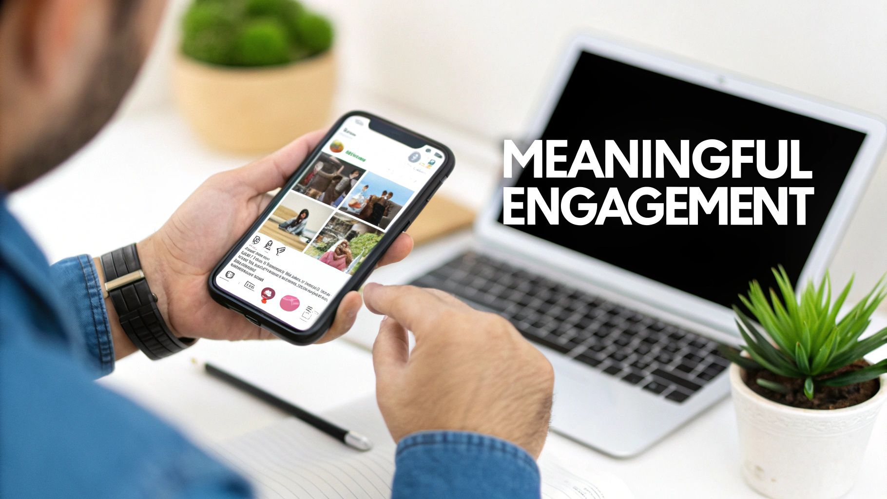Hands hold a smartphone displaying social media, with 'MEANINGFUL ENGAGEMENT' on a laptop screen.