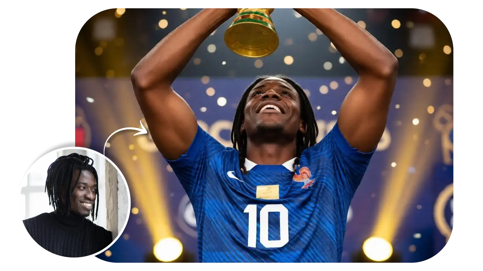 World Cup AI generator showing jersey try-on, face animation with trophy, and AI hug with football players