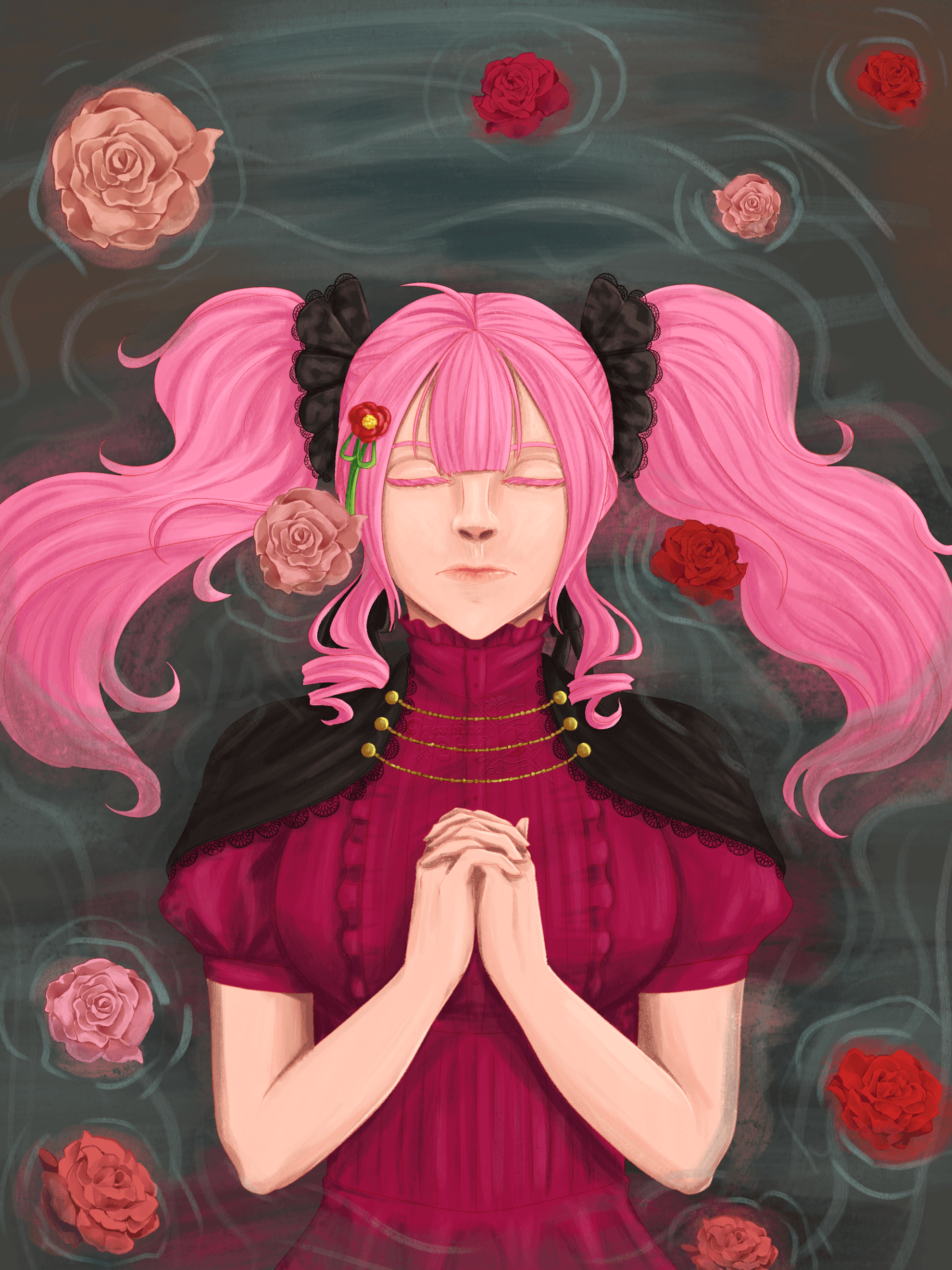 A woman with long pink hair in pigtails with a magenta dress, black shoulder cloak and hair accessories, and a red flower hairpin lying in shallow water with roses floating around her. She has her eyes closed with a neutral expression and her hands clasped together as if praying. 