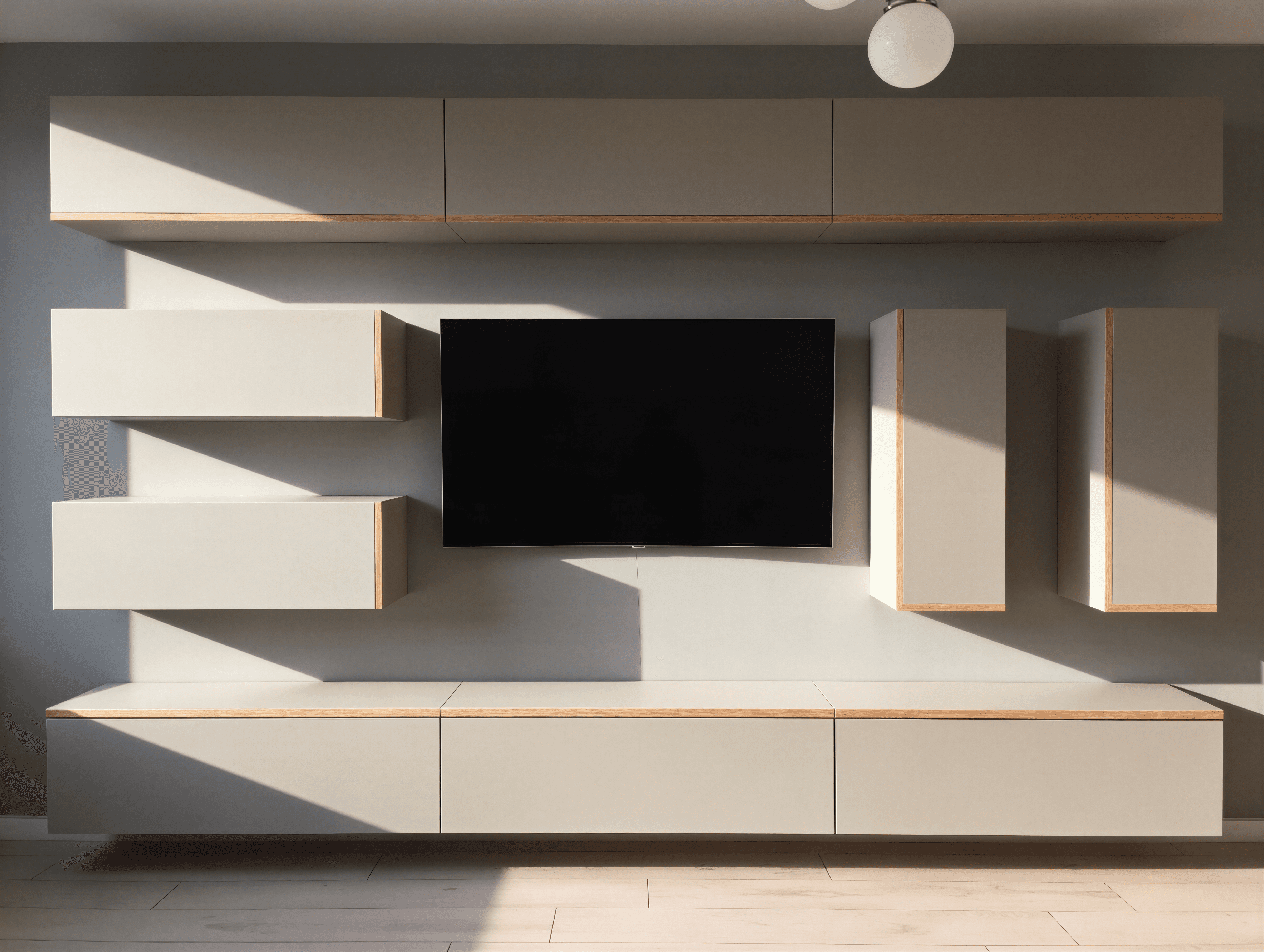 Perete media geometric cu rafturi și corpuri albe, TV central, design contemporan luminos.