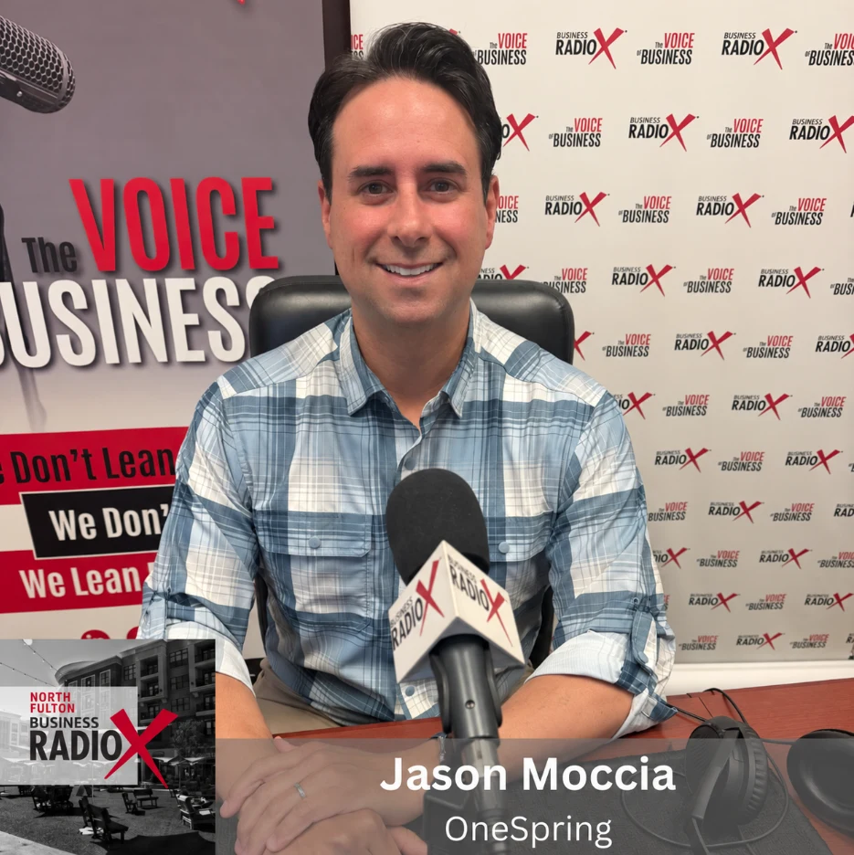OneSpring CEO Jason Moccia at the North Fulton Business Radio microphone.