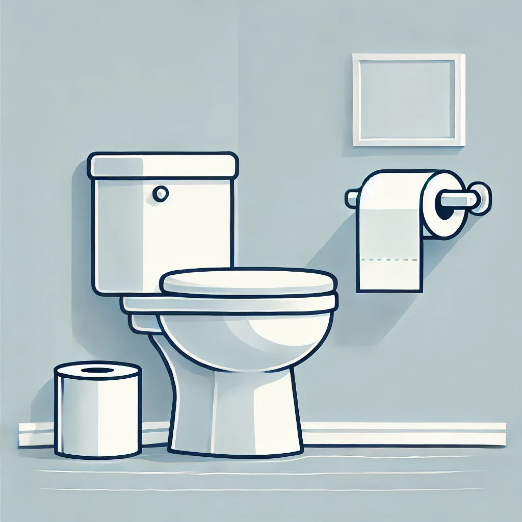 Minimalistic illustration of a toilet with a roll of toilet paper in a clean, modern bathroom.