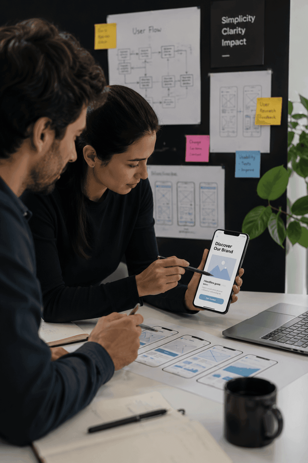 Designers reviewing mobile app wireframes for a UX/UI design article about websites, apps, and digital products in the design agency edge global