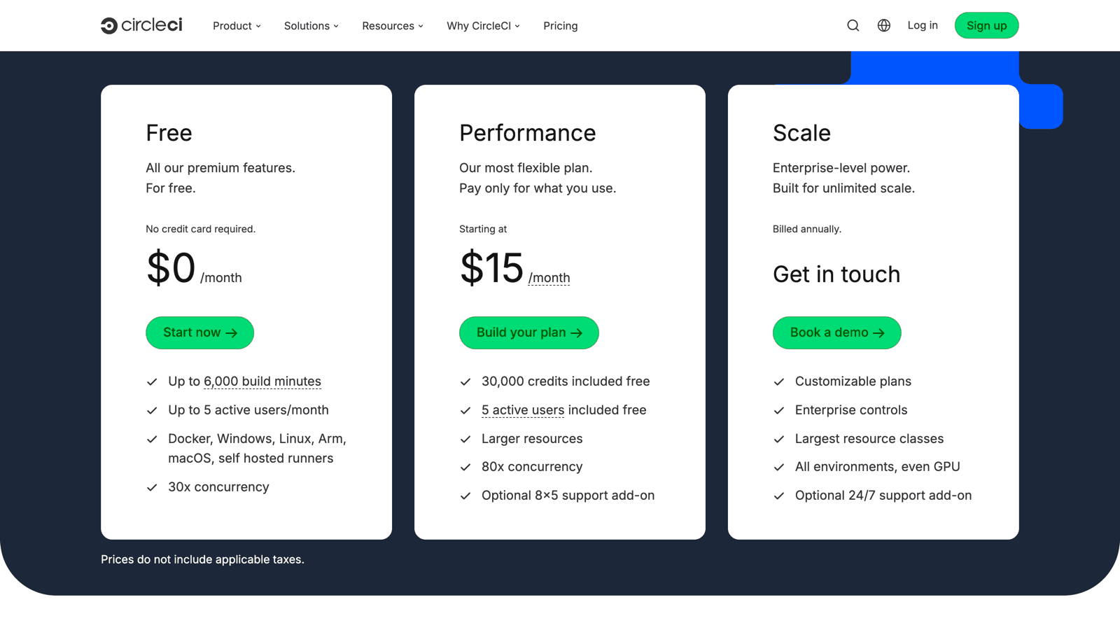 CircleCI pricing page showing the free plan and Performance plan starting at $15 per month