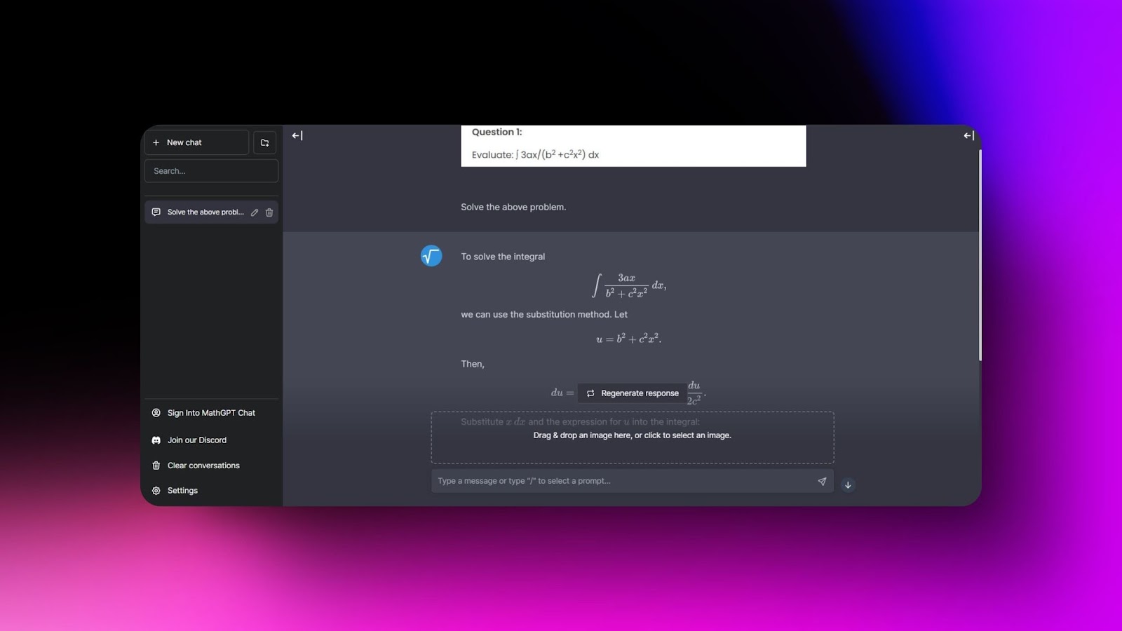 Screenshot of MathGPT solving a complex integral using the substitution method, showing step-by-step calculations in an AI chat interface.