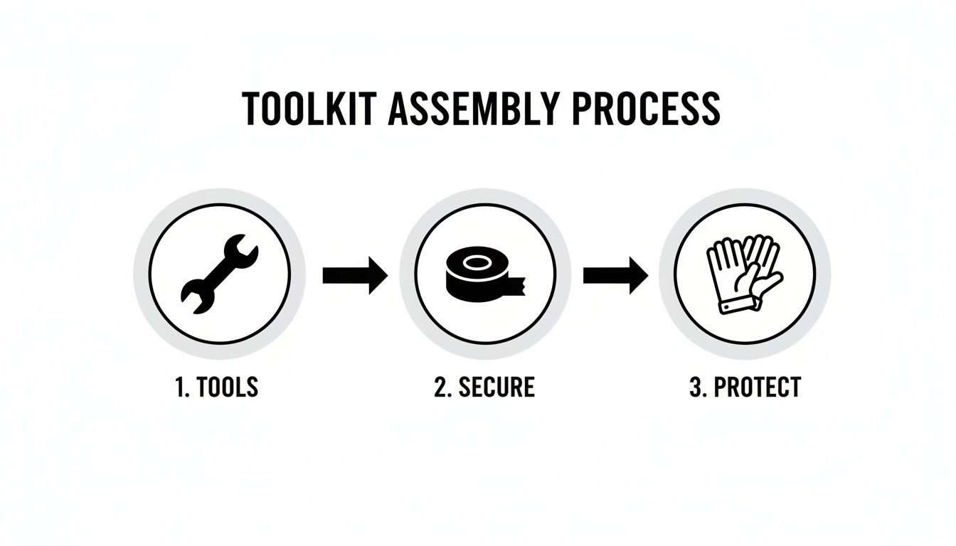 A graphic illustrating the toolkit assembly process with steps: tools, secure with tape, and protect with gloves.