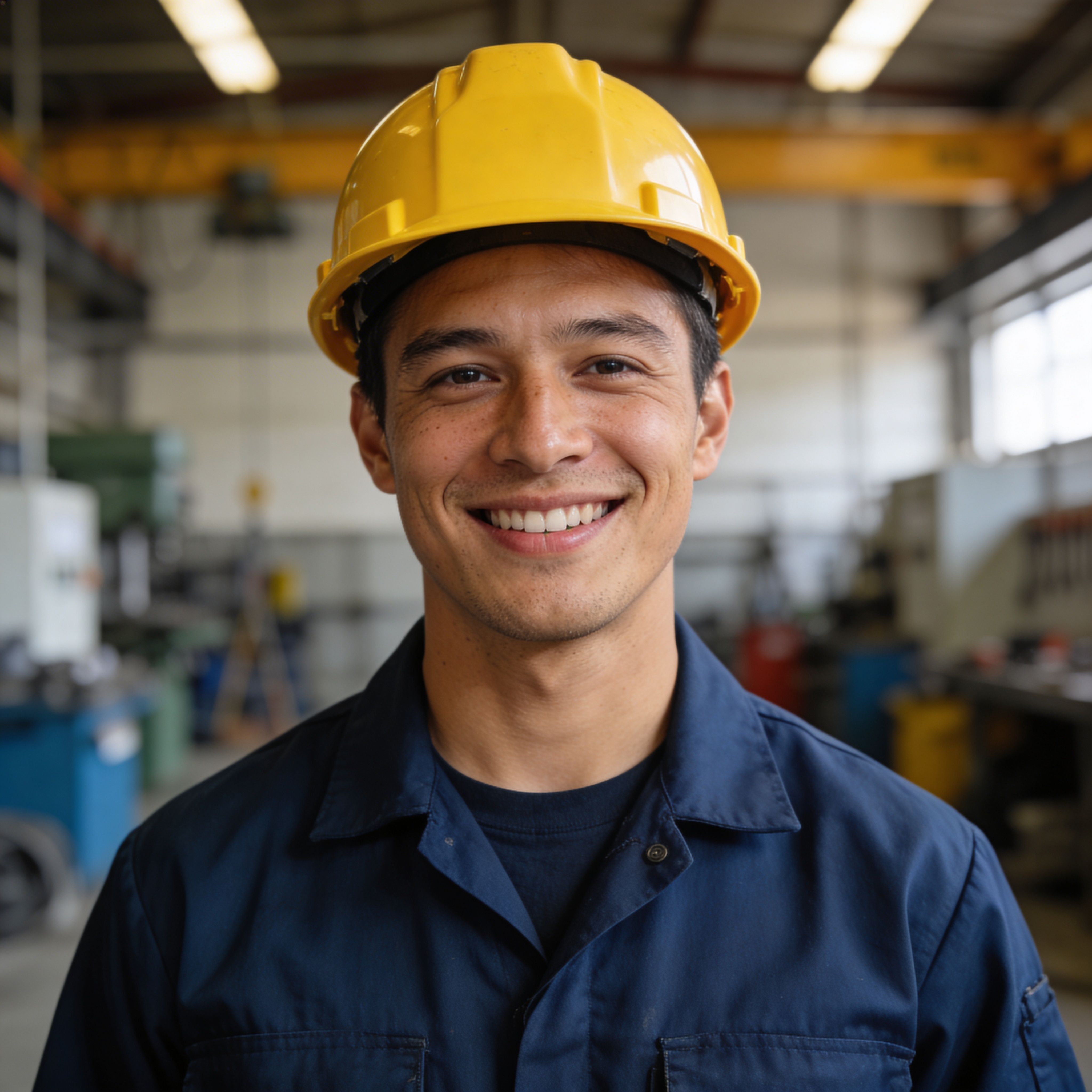 Confident electrician in yellow hard hat and navy uniform smiling inside workshop