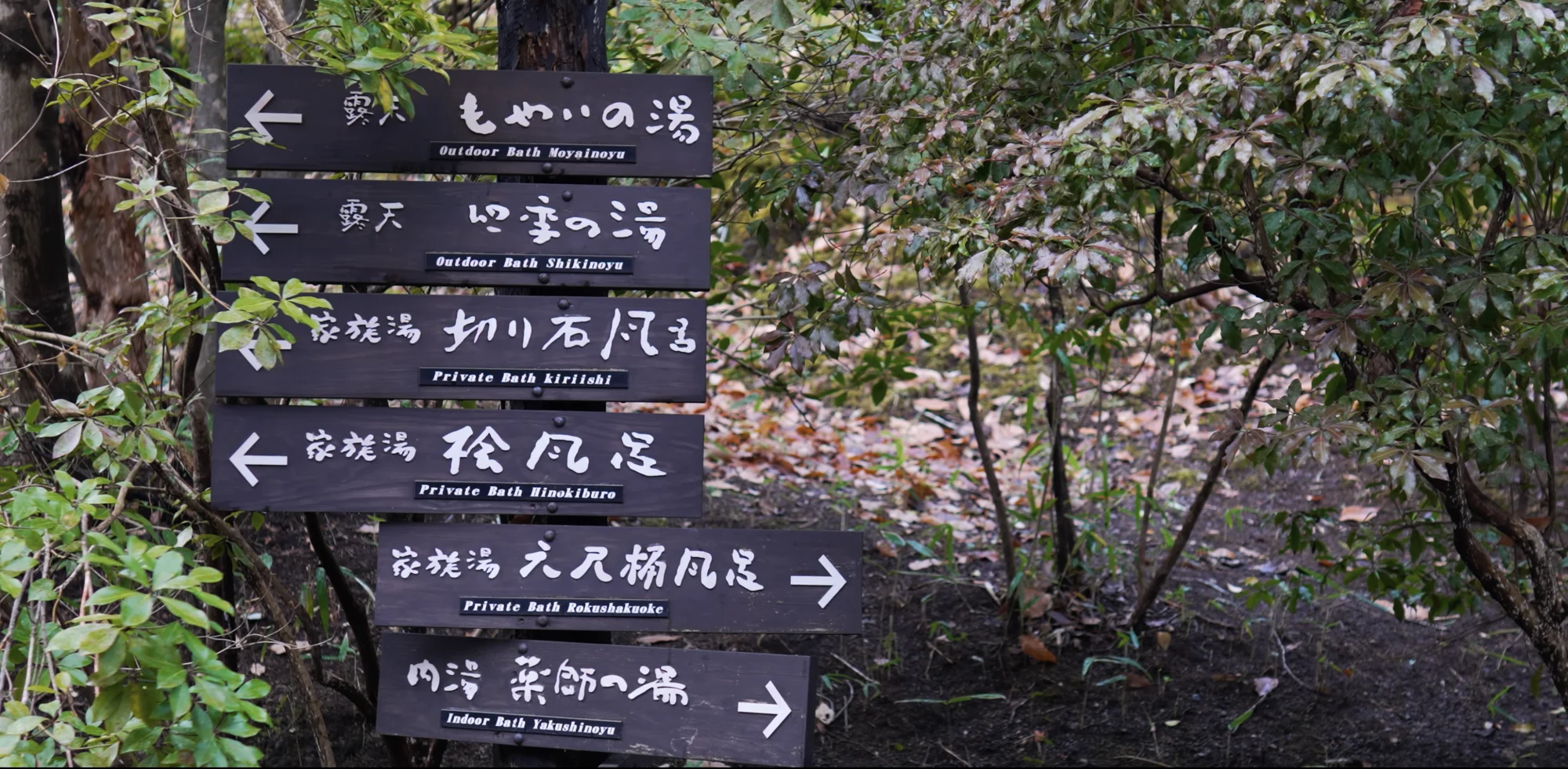 An inn's timber signboard listing its named baths in Japanese and English with directional arrows