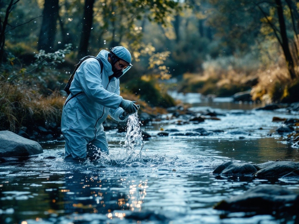 A scientist in a protective suit collects a water sample from a stream.